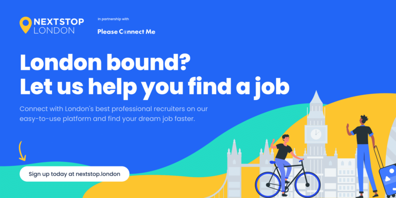 A banner reading 'London bound? Let us help you find a job' with the next stop London and Please Connect Me logos