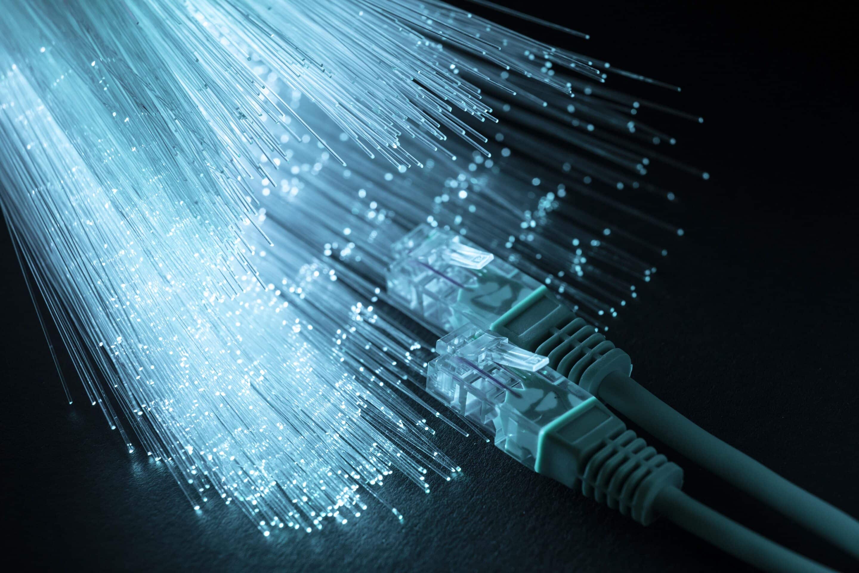 blue optic fibre with ethernet cables