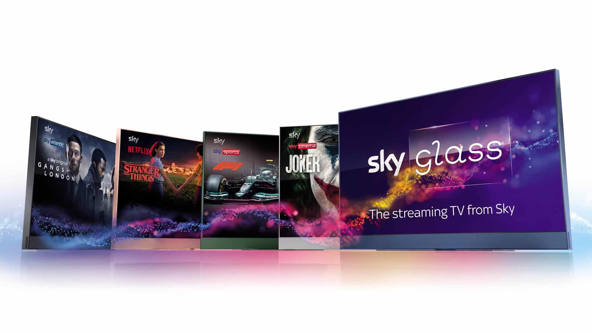 Five examples of Sky Glass TVs. The forefront TV is displaying the text Sky Glass the streaming TV from Sky. 