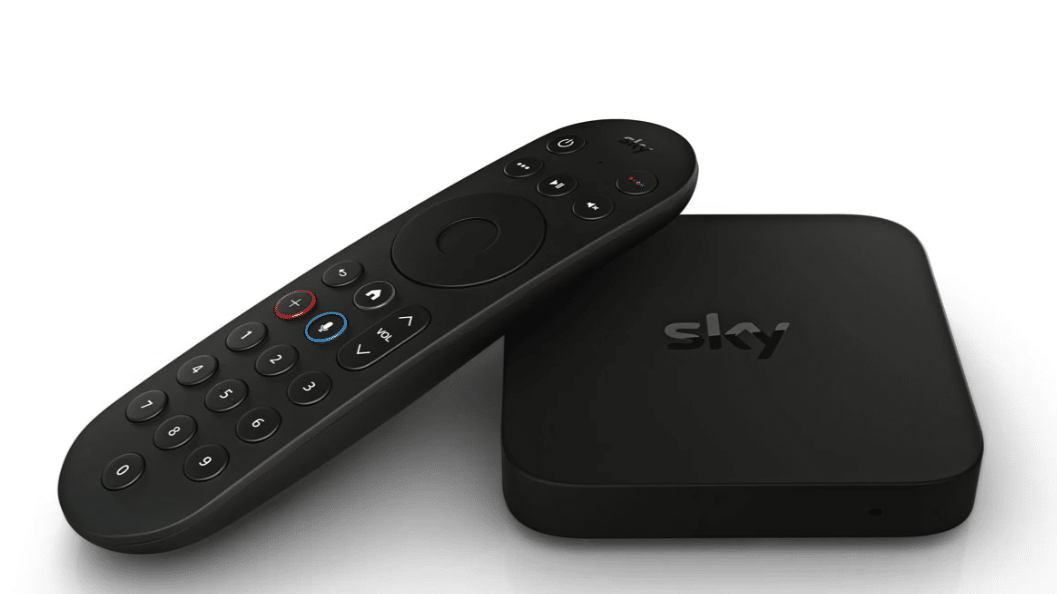 The Sky Stream Puck and remote - the puck is a compact square device with each side shorter than the remote. 